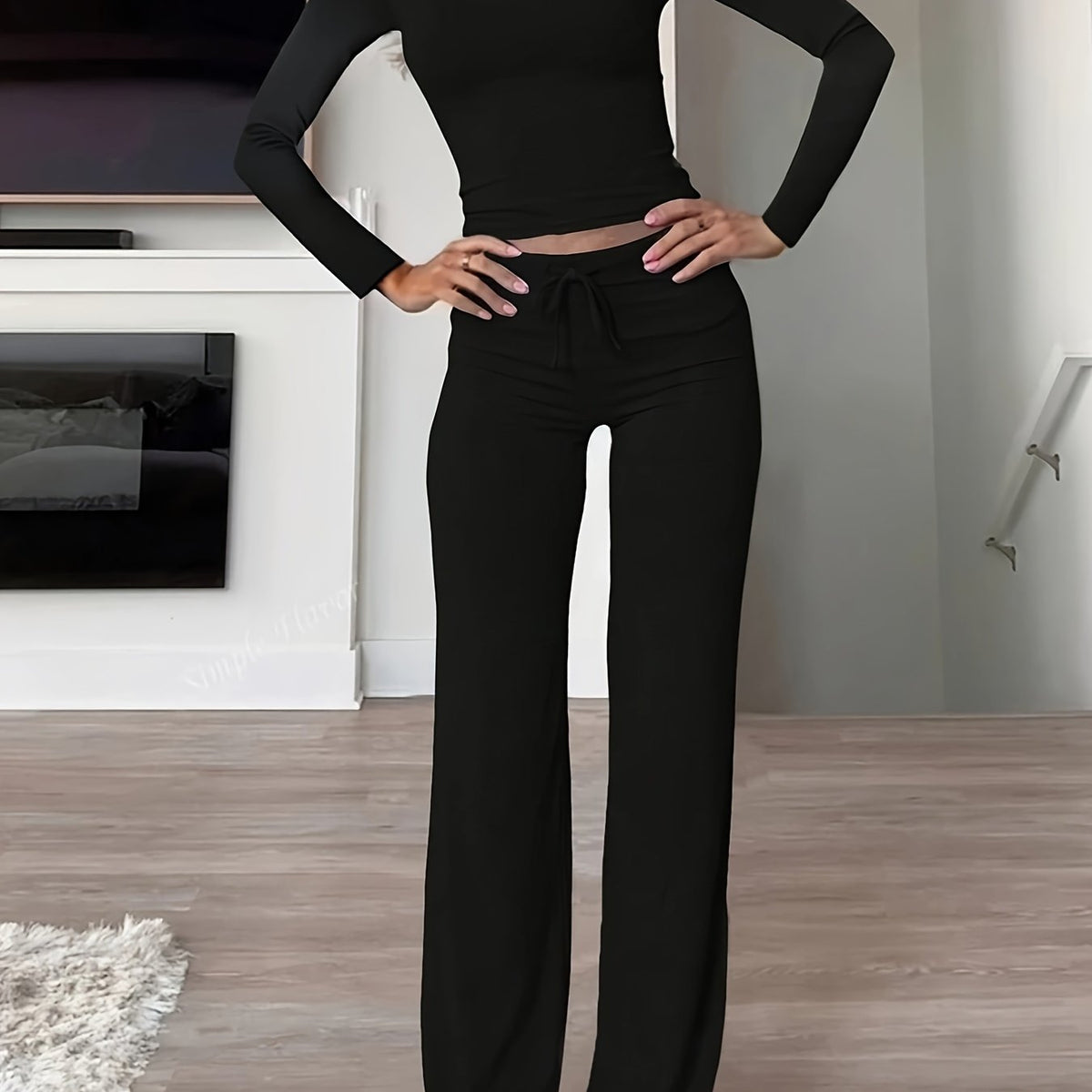 Optew Women's Loungewear Set – Ribbed Long-Sleeve Drawstring Two Piece