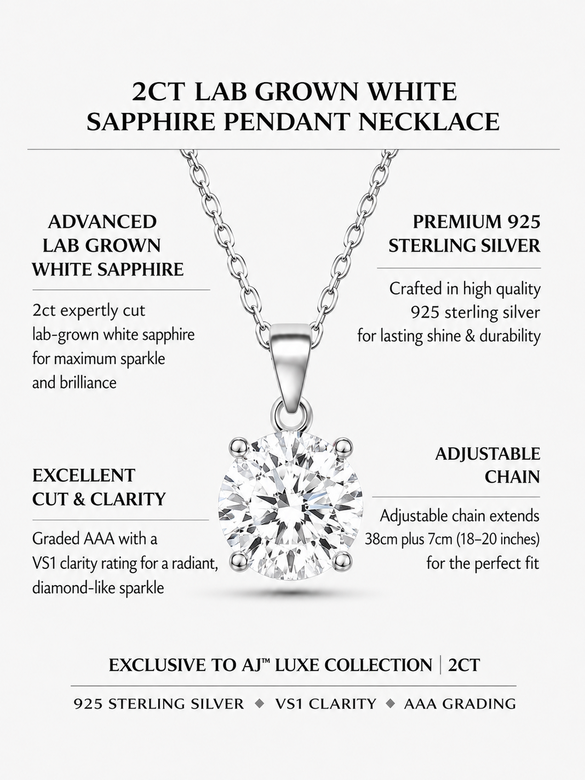 Lab Grown White Sapphire Pendant Necklace, 2ct