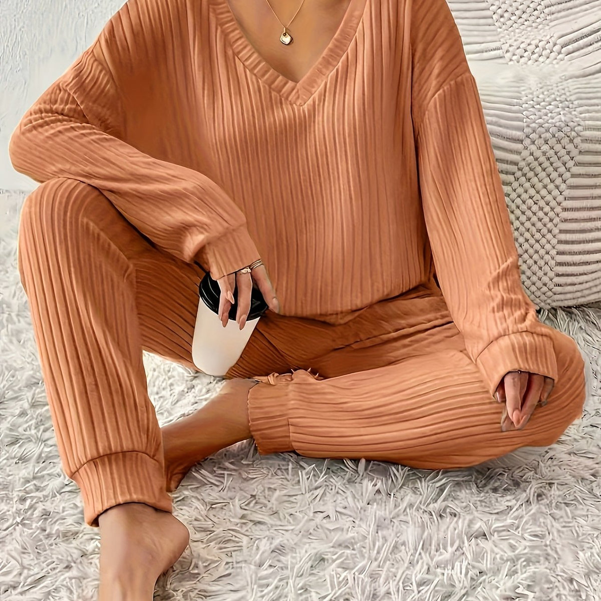 Optew Women's Lounge Set – V-Neck Long-Sleeve Knitted Two Piece