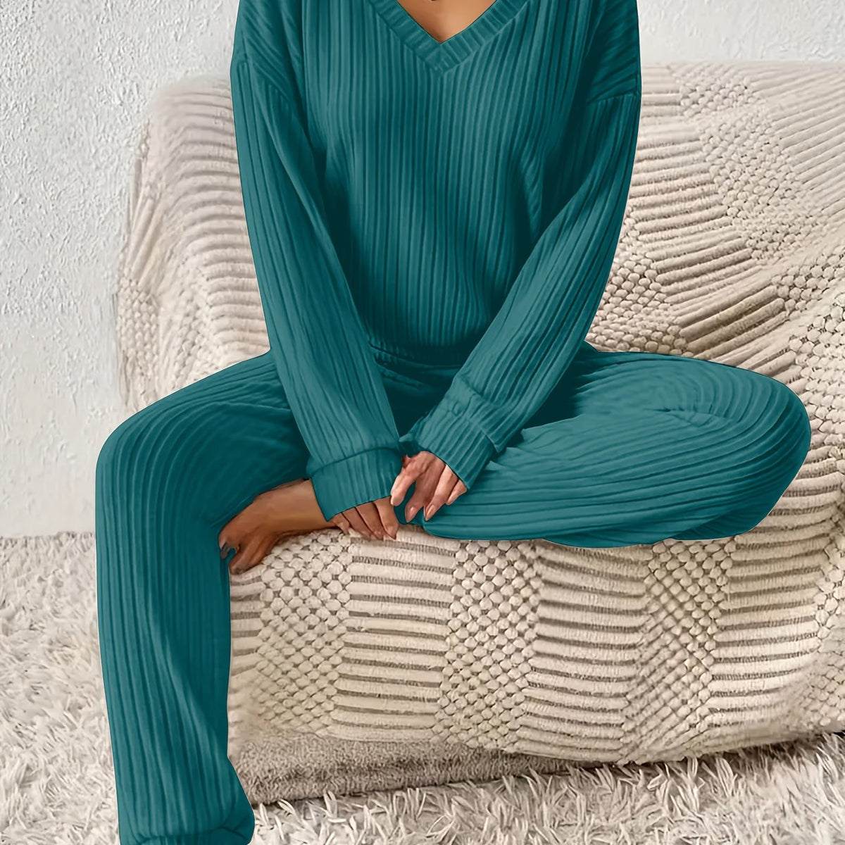 Optew Women's Lounge Set – V-Neck Long-Sleeve Knitted Two Piece