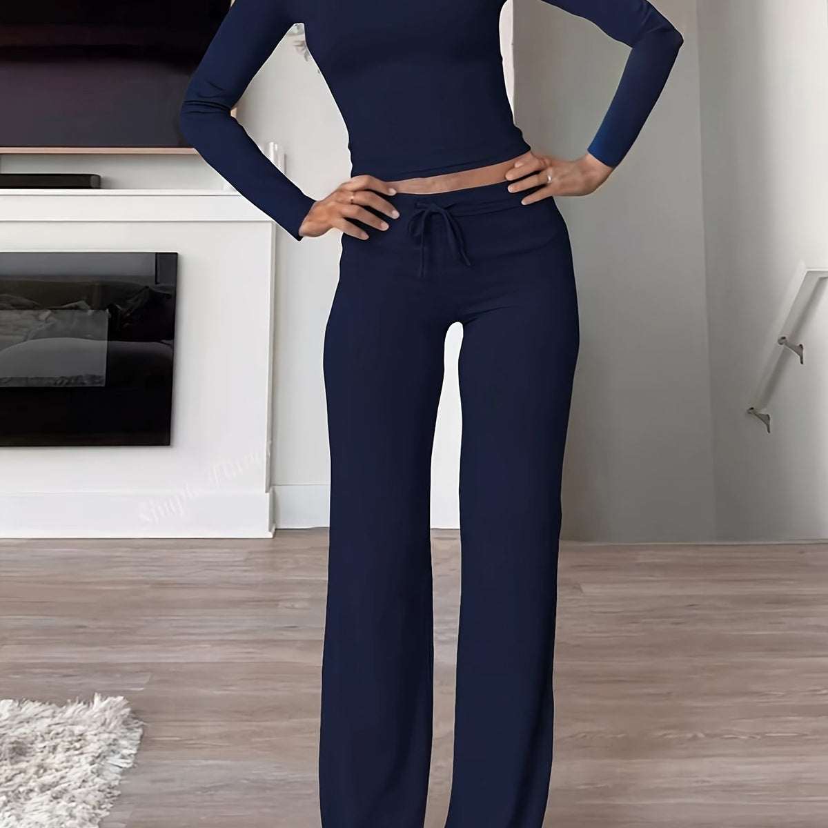 Optew Women's Loungewear Set – Ribbed Long-Sleeve Drawstring Two Piece
