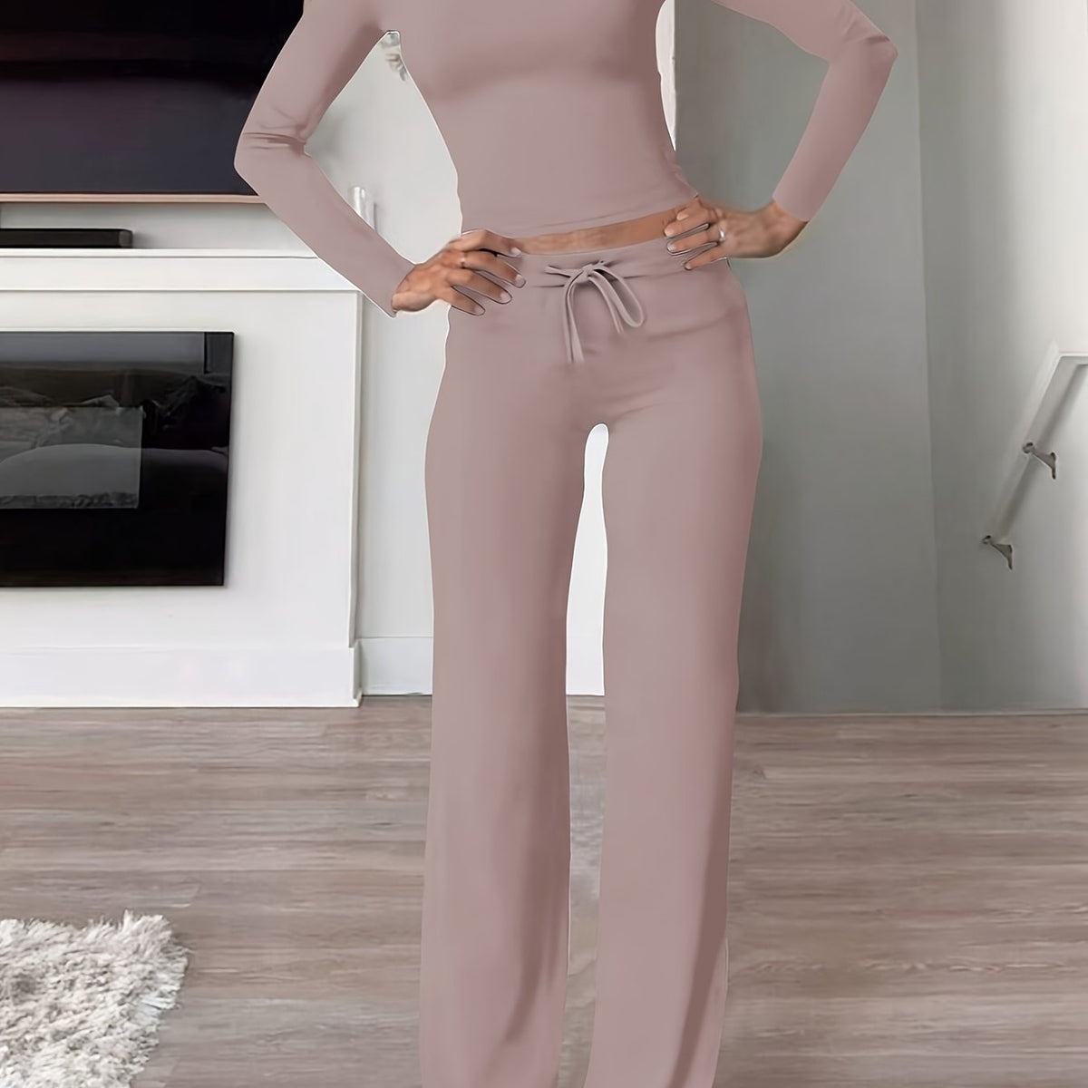 Optew Women's Loungewear Set – Ribbed Long-Sleeve Drawstring Two Piece