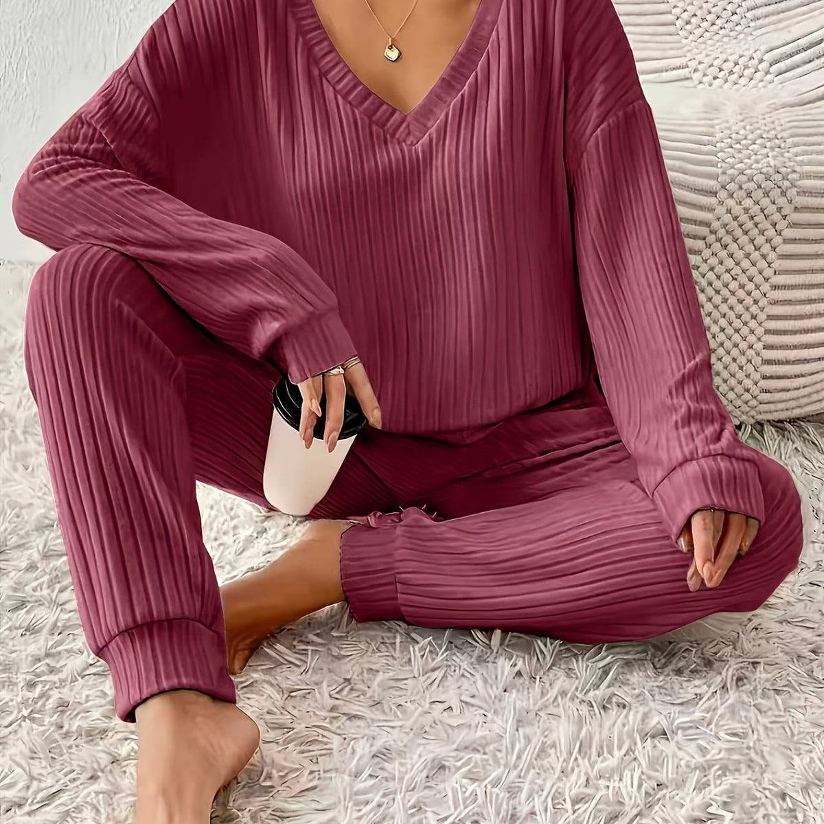 Optew Women's Lounge Set – V-Neck Long-Sleeve Knitted Two Piece