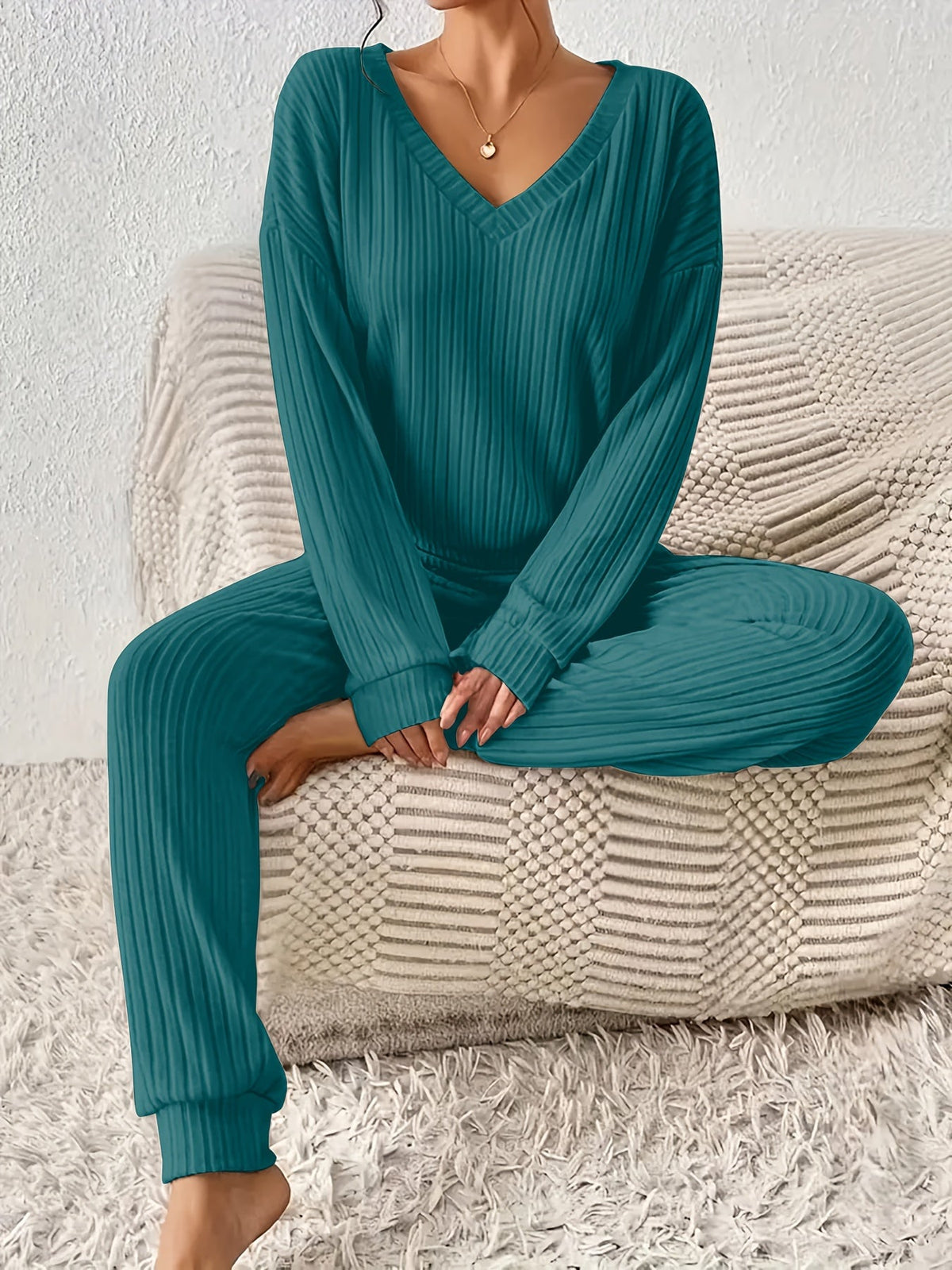 Optew Women's Lounge Set – V-Neck Long-Sleeve Knitted Two Piece