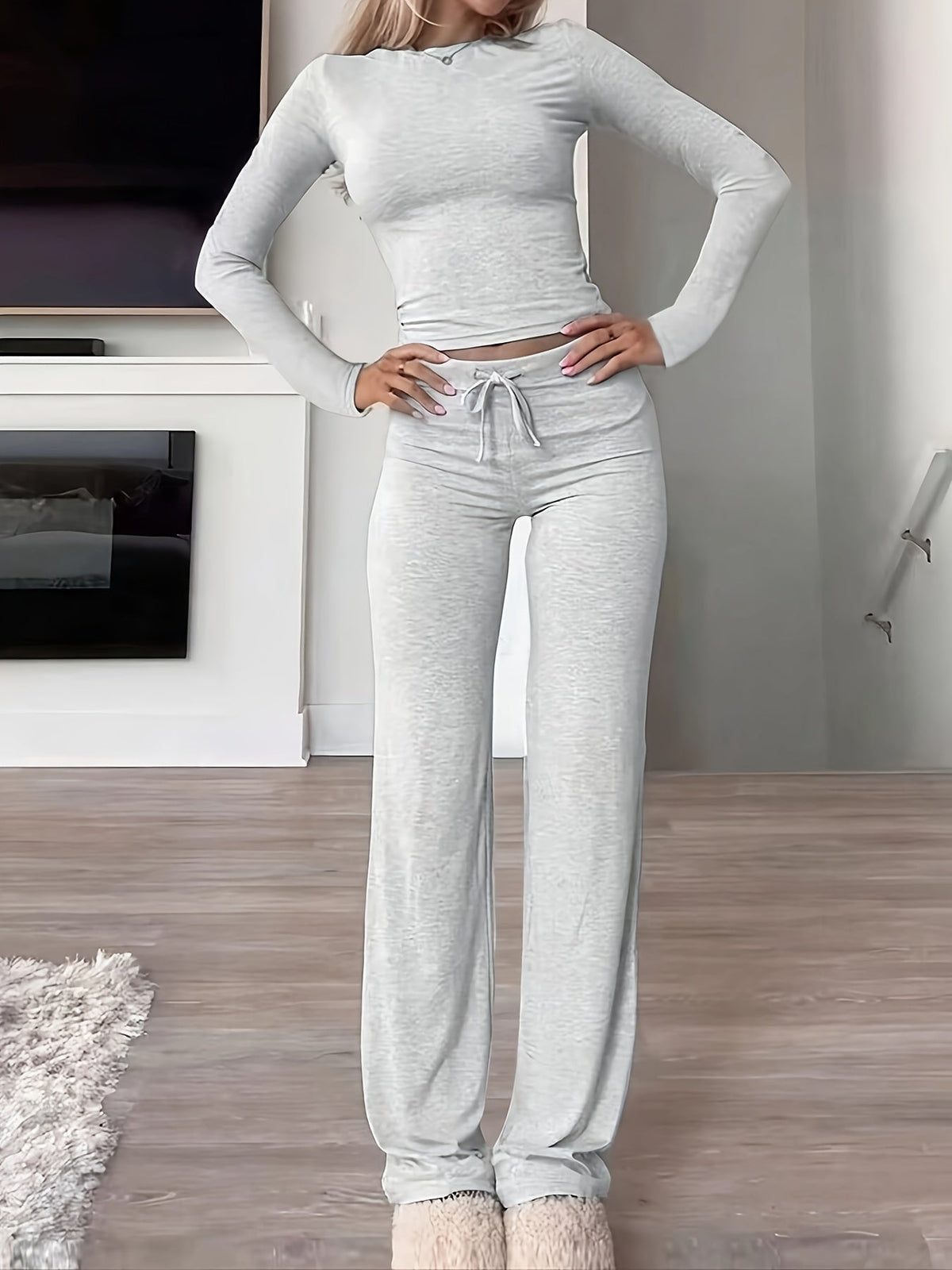 Optew Women's Loungewear Set – Ribbed Long-Sleeve Drawstring Two Piece
