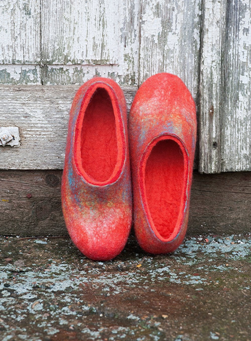 Bright Red Felted Wool Slippers for Women