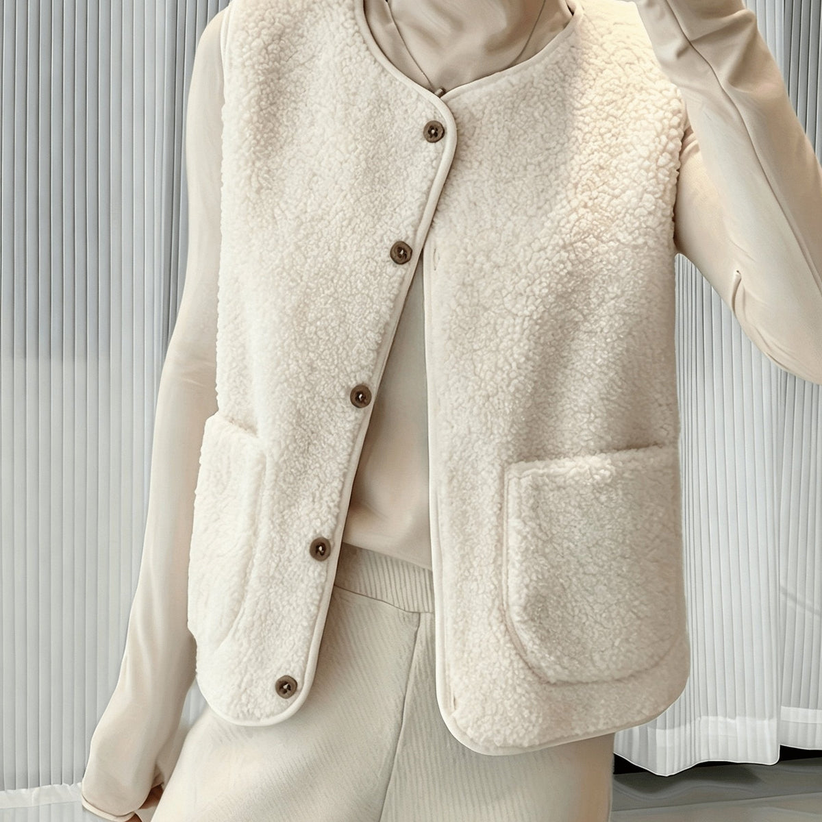 Optew Women's Gilet – Borg Teddy Button-Front