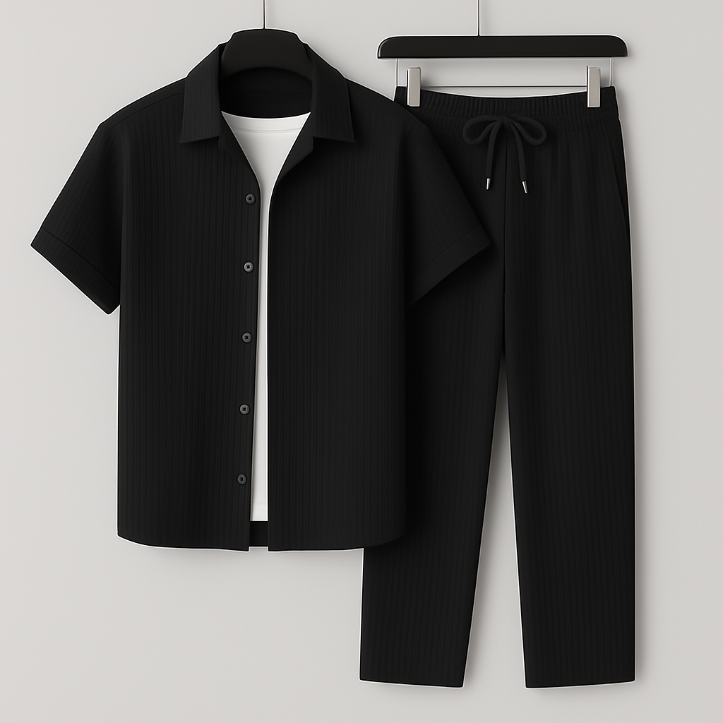 Optew Men Summer Two-Piece Set Pleated Synthetic
