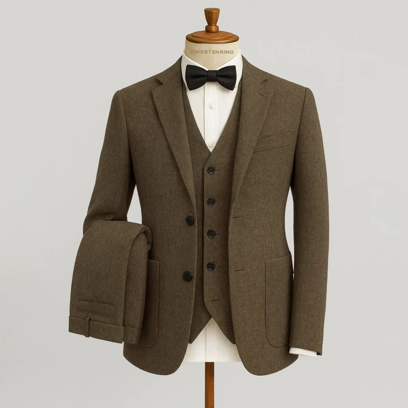 Optew Men Wedding Three‑piece Suit Tweed Wool Blend