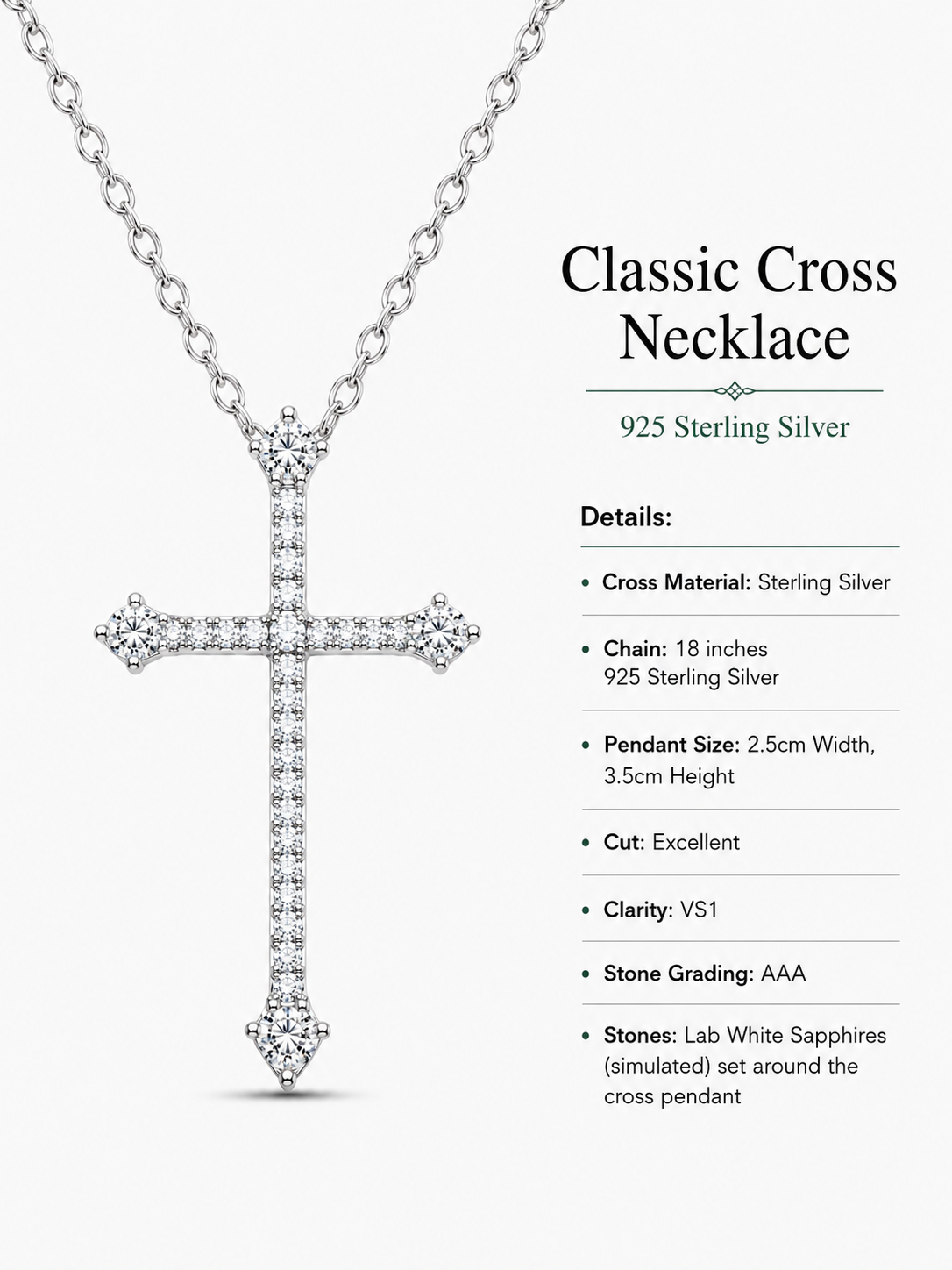 925 Sterling Silver Classic Cross Necklace