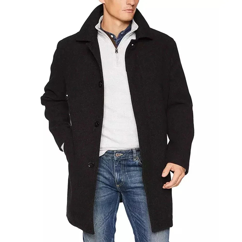 Men's Black Single-Breasted Wool Coat