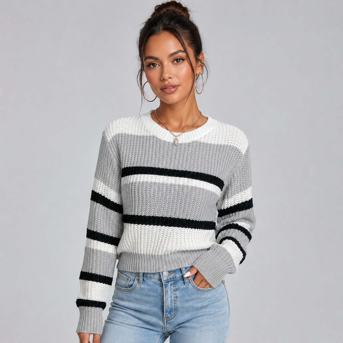 Optew Women's Cropped Striped Jumper – with Round-Neck