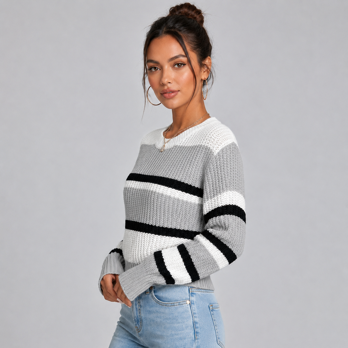 Optew Women's Cropped Striped Jumper – with Round-Neck