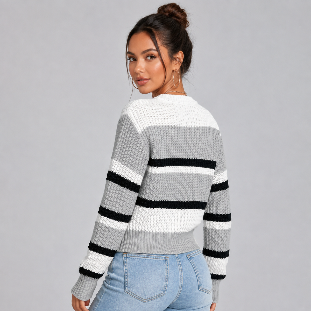 Optew Women's Cropped Striped Jumper – with Round-Neck