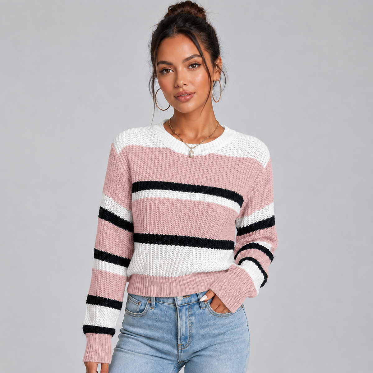 Optew Women's Cropped Striped Jumper – with Round-Neck