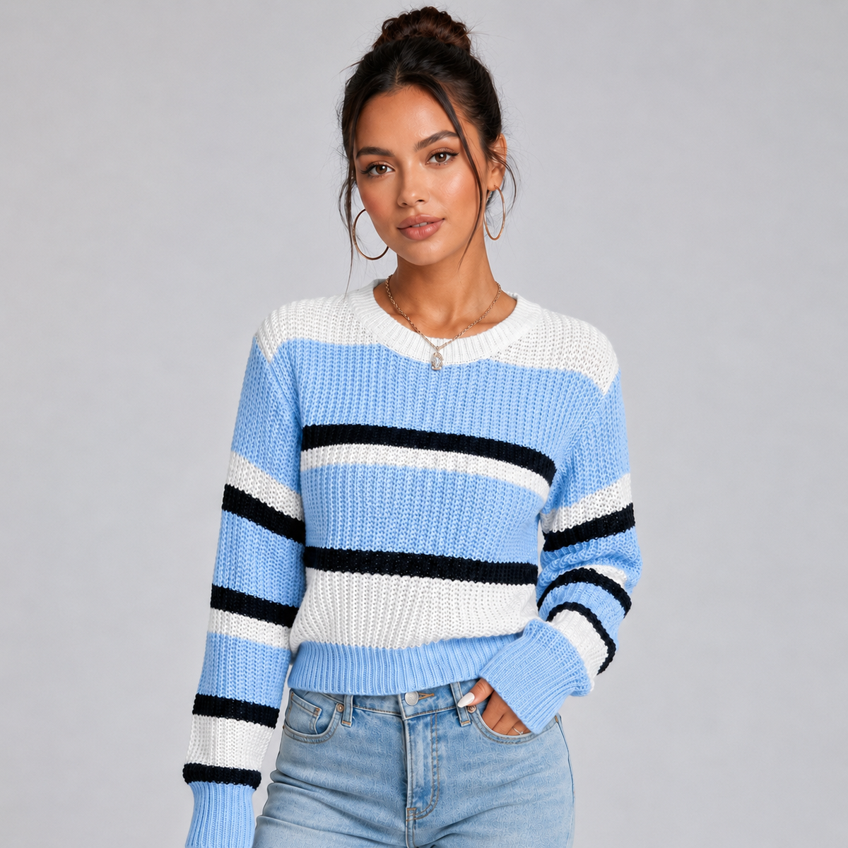 Optew Women's Cropped Striped Jumper – with Round-Neck