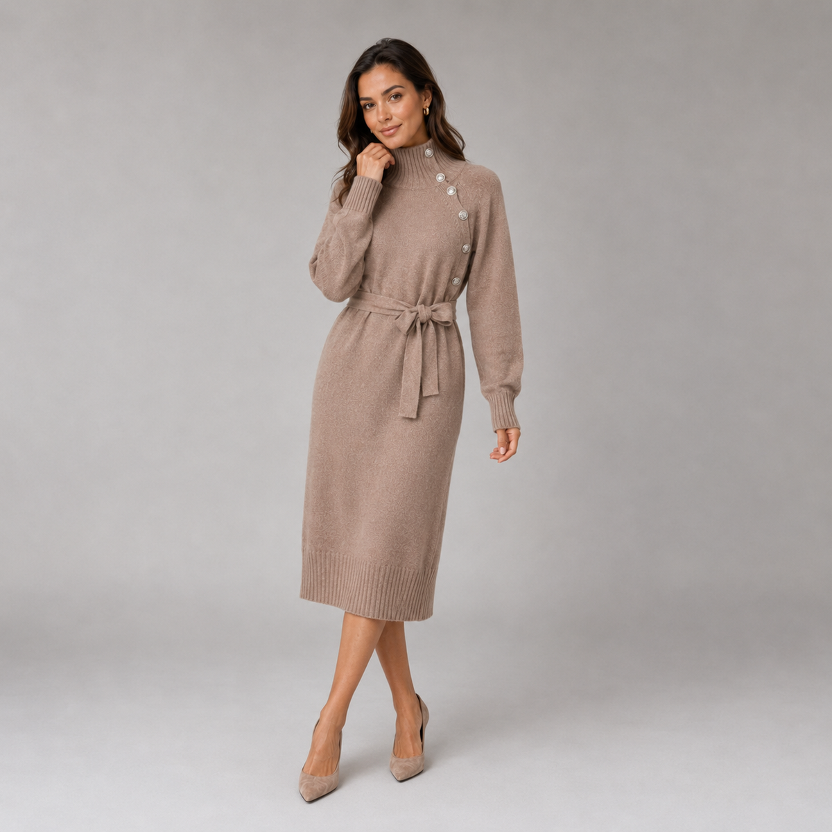 Optew Women's Jumper Dress – Roll-Neck Belted Midi