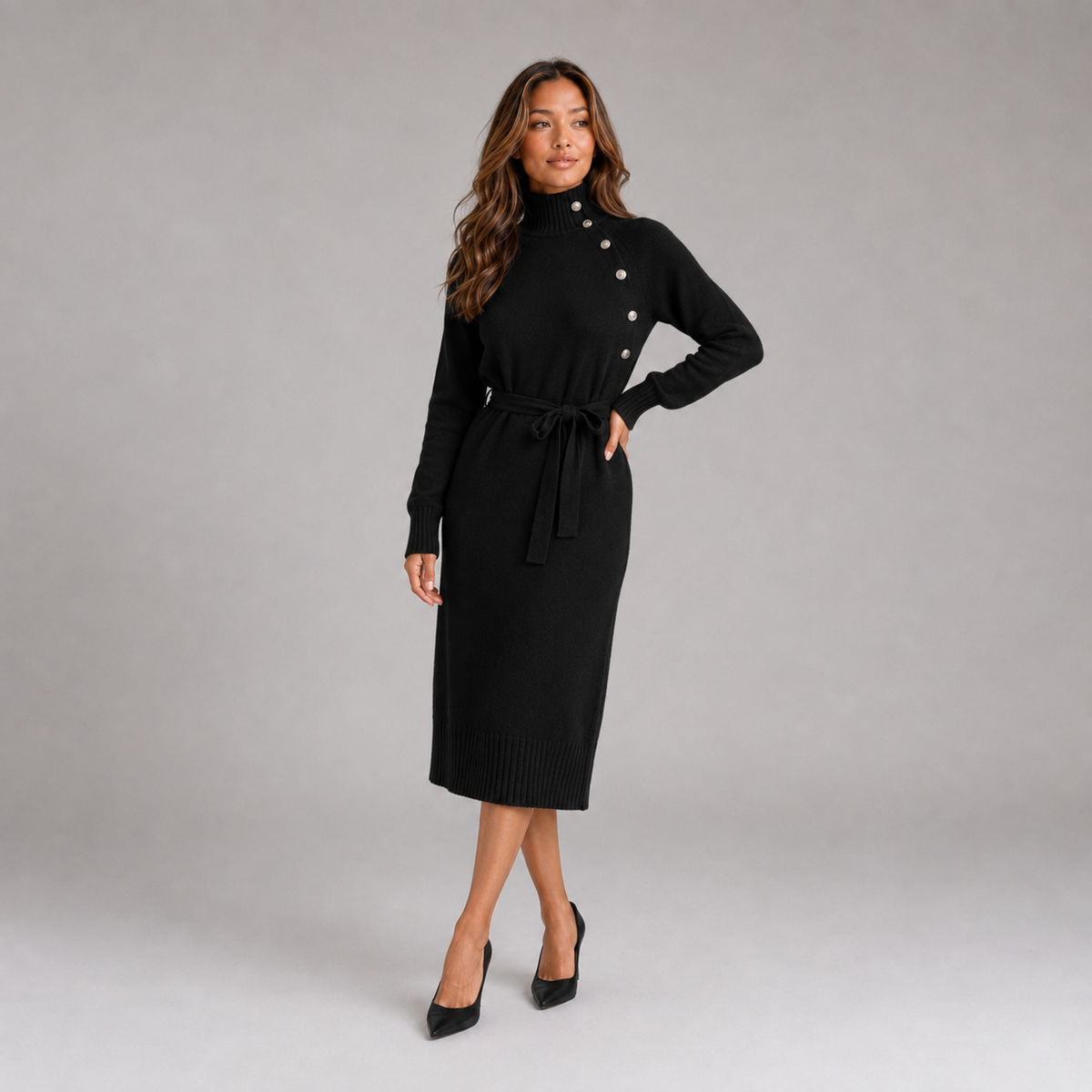 Optew Women's Jumper Dress – Roll-Neck Belted Midi