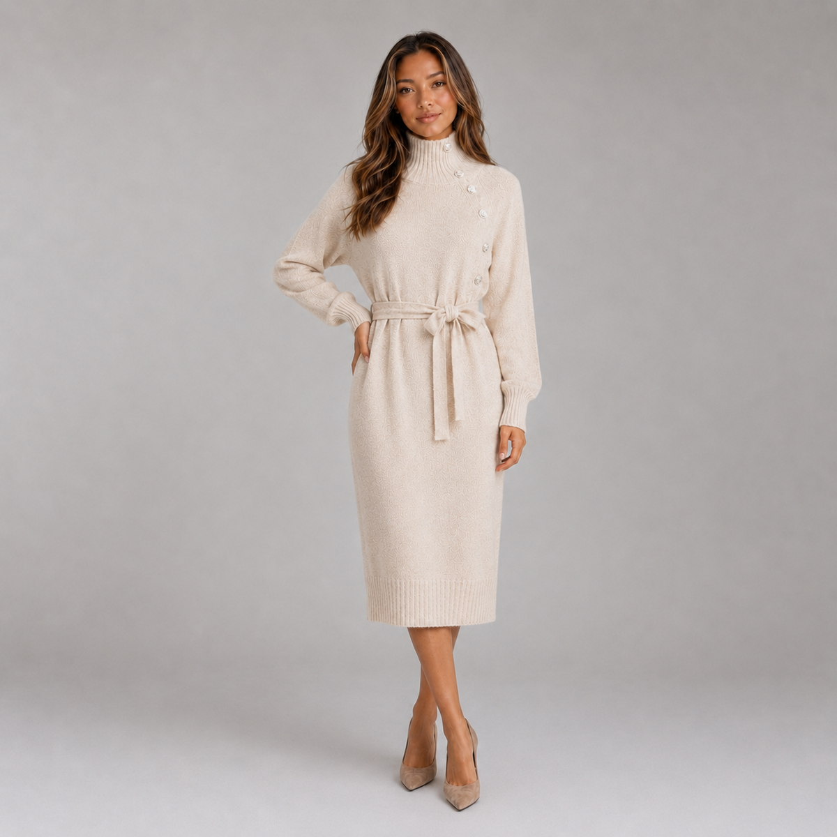 Optew Women's Jumper Dress – Roll-Neck Belted Midi
