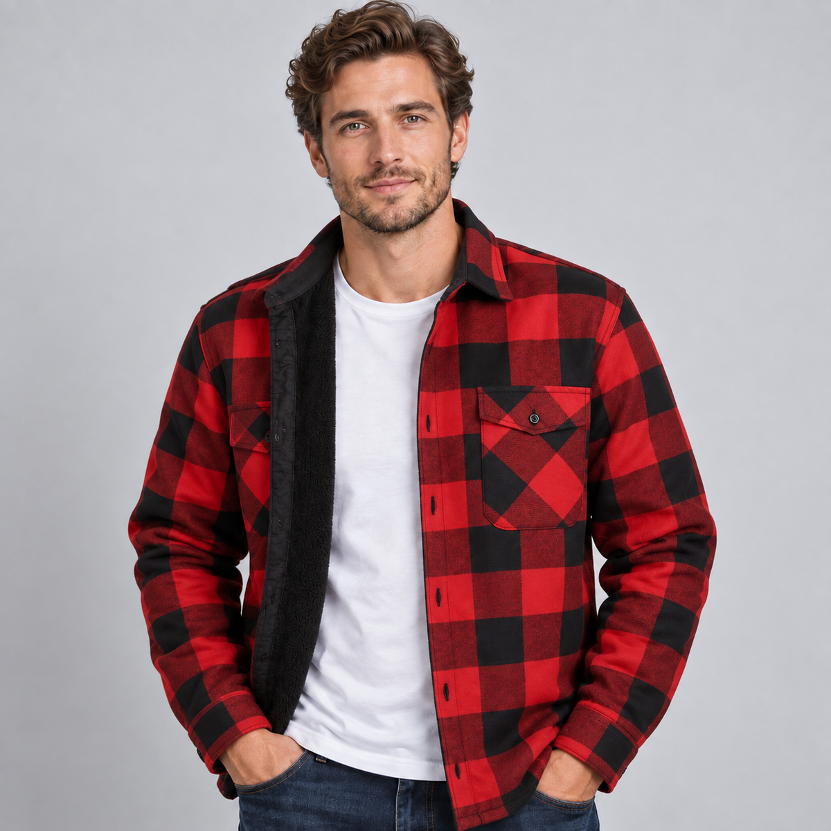 Optew Men's Overshirt – Check Fleece-Lined Flannel