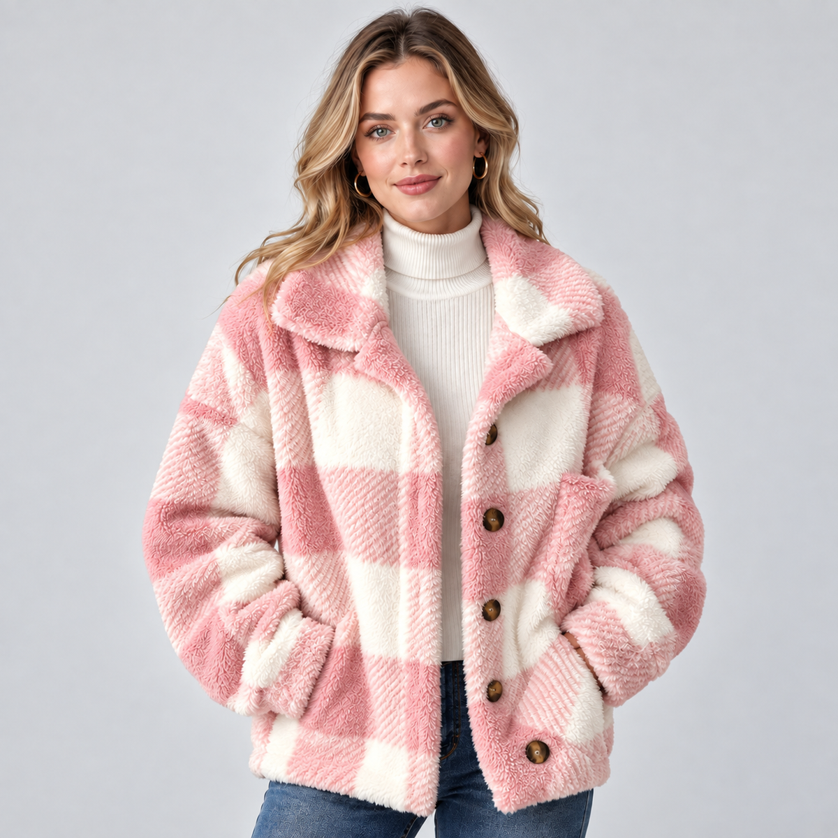 Optew Women's Shacket – Check Borg Fleece Button-Front