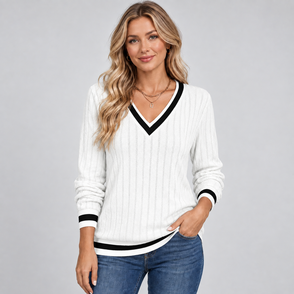 Optew Women's Jumper – V-Neck Contrast-Trim Ribbed