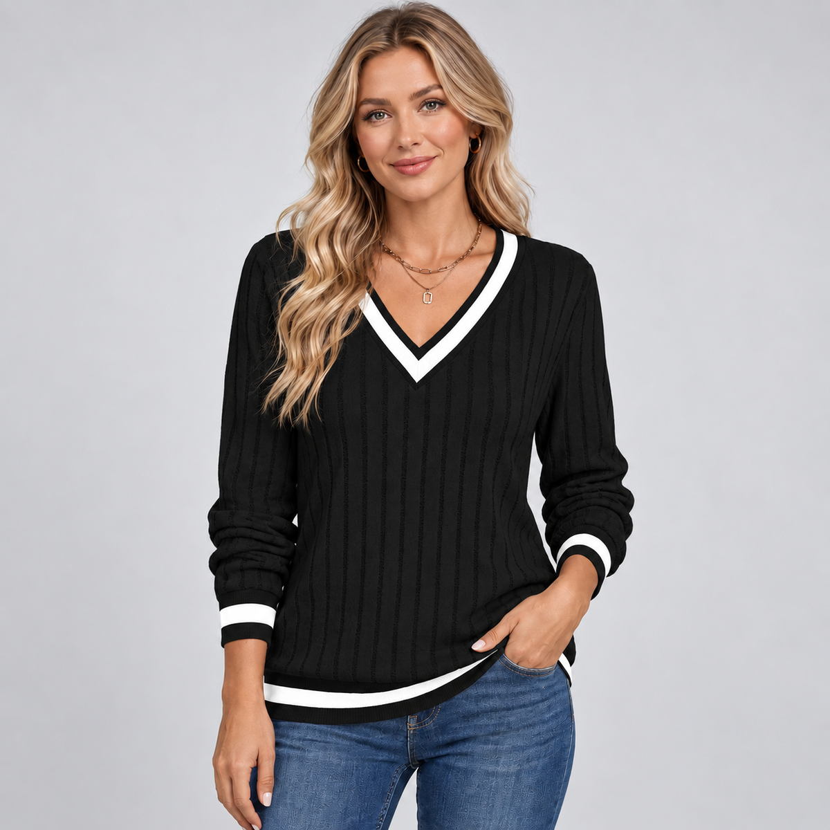 Optew Women's Jumper – V-Neck Contrast-Trim Ribbed