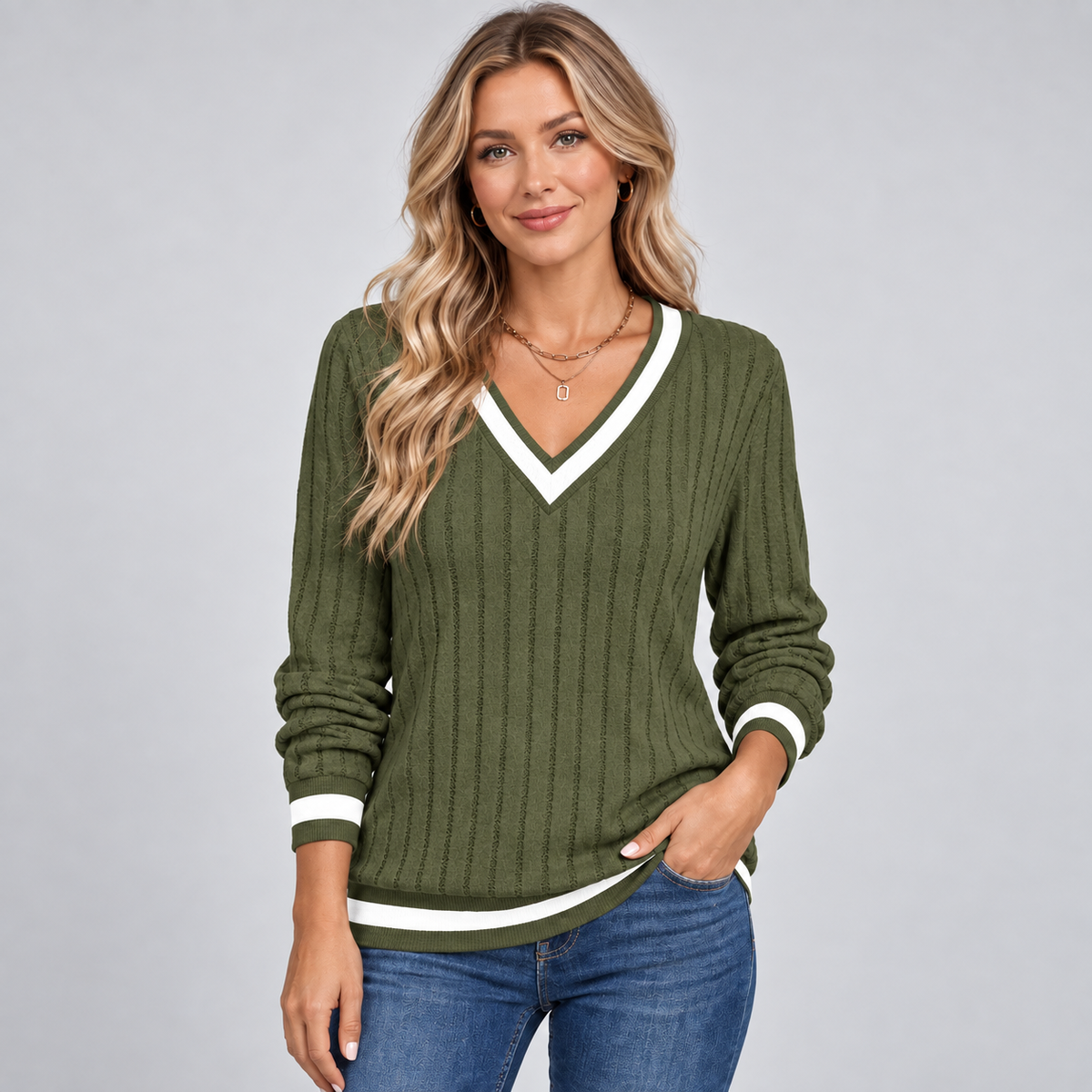 Optew Women's Jumper – V-Neck Contrast-Trim Ribbed
