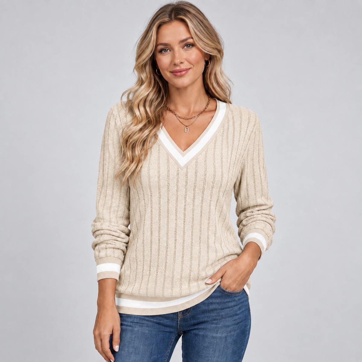 Optew Women's Jumper – V-Neck Contrast-Trim Ribbed