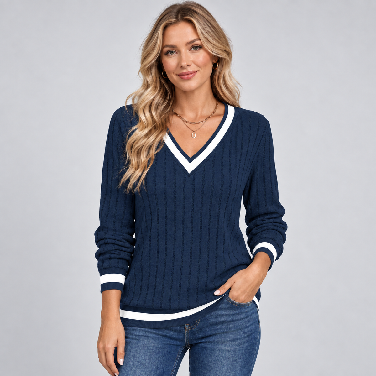 Optew Women's Jumper – V-Neck Contrast-Trim Ribbed