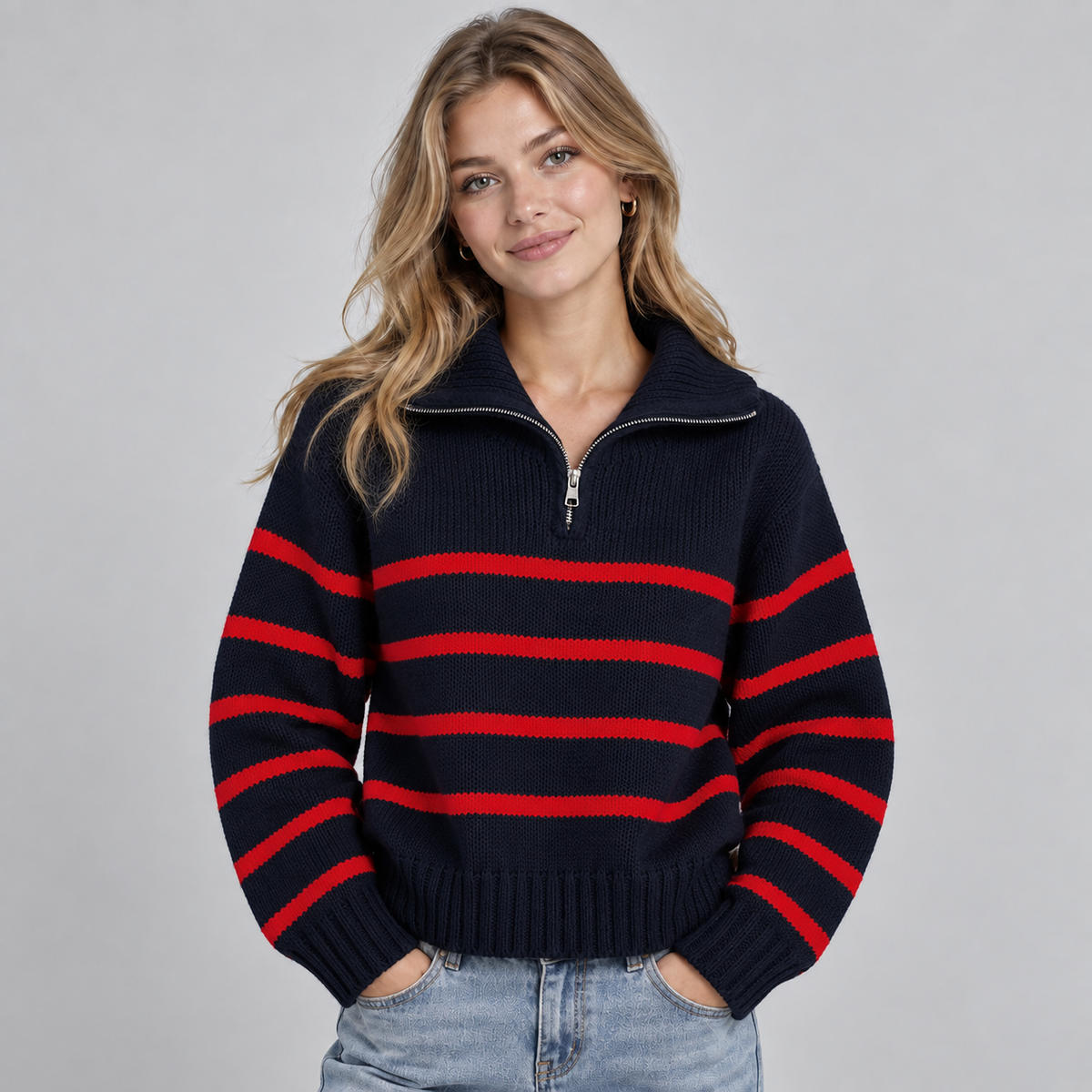Optew Women's Jumper – Half-Zip Striped Funnel Neck