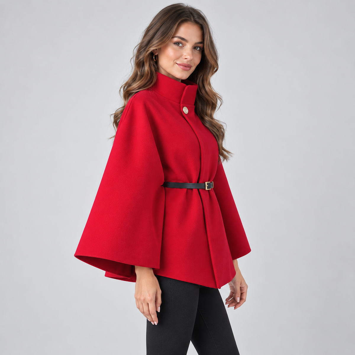 Optew Women's Cape Coat – Belted High-Neck