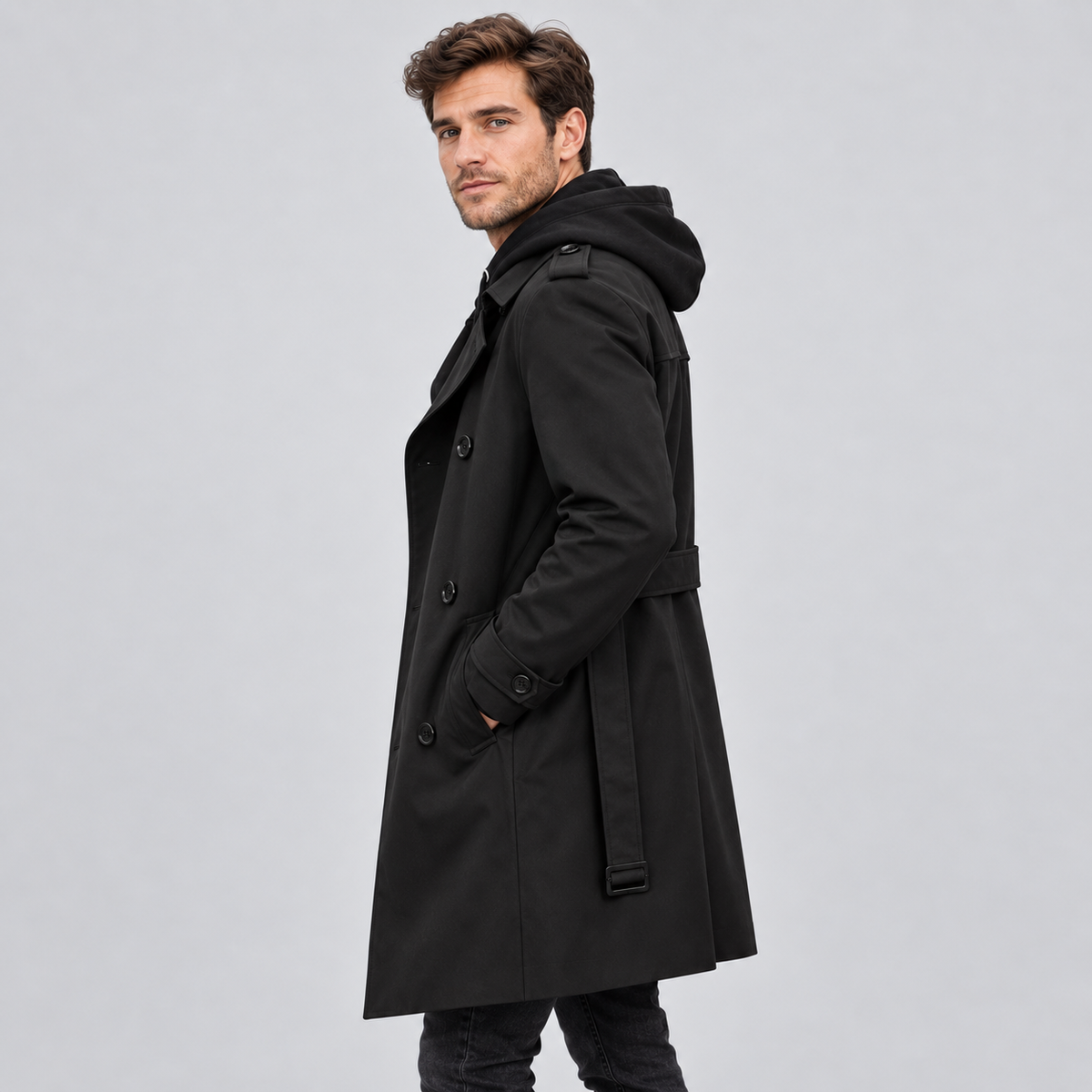 Optew Men's Trench Coat – Double-Breasted Tailored