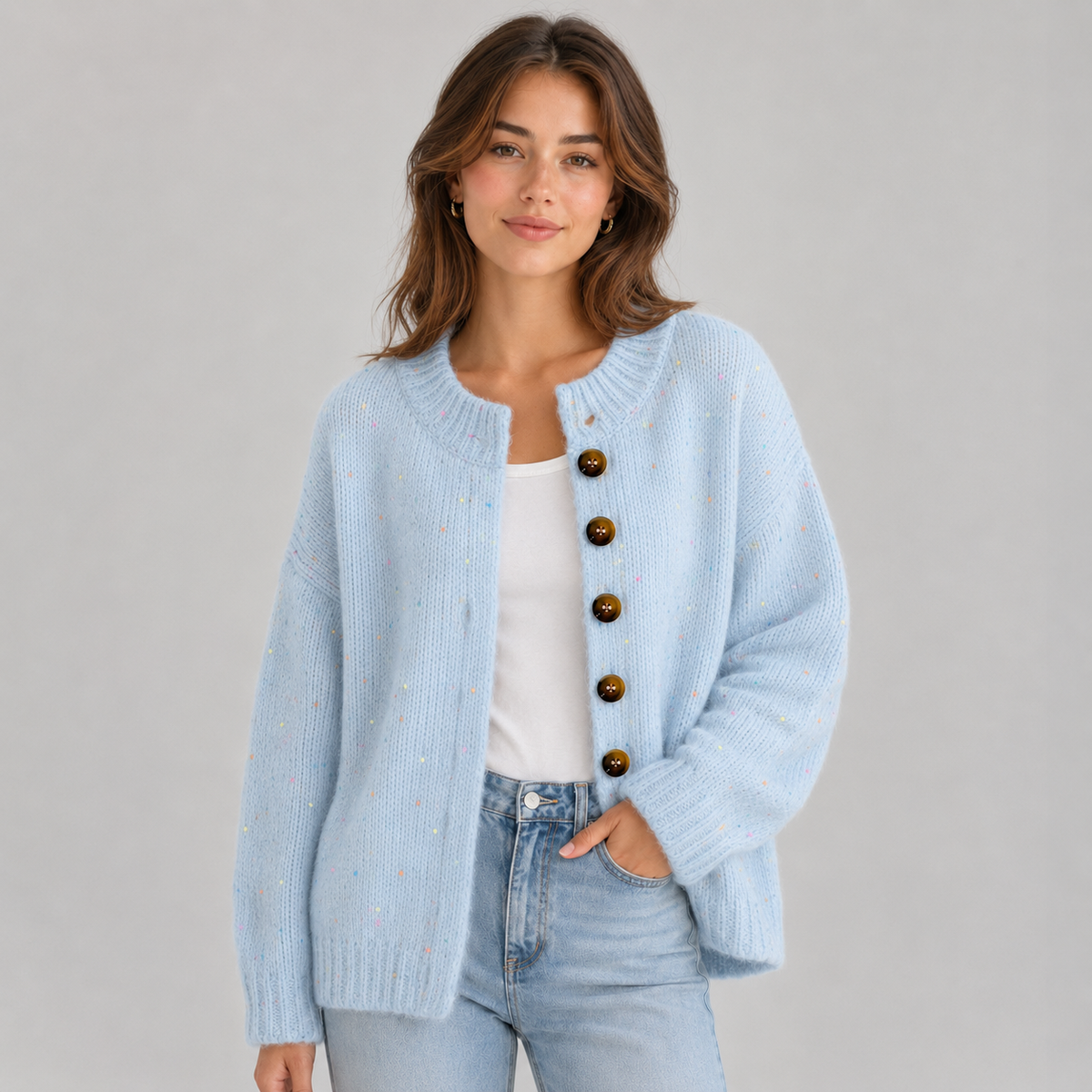 Optew Women's Cardigan – Fluffy Knit Button-Front