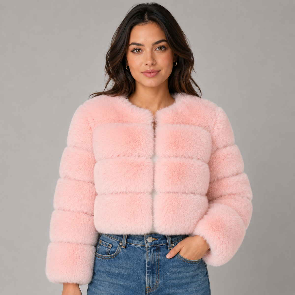 Optew Women's Faux-Fur Jacket Cropped Fluffy