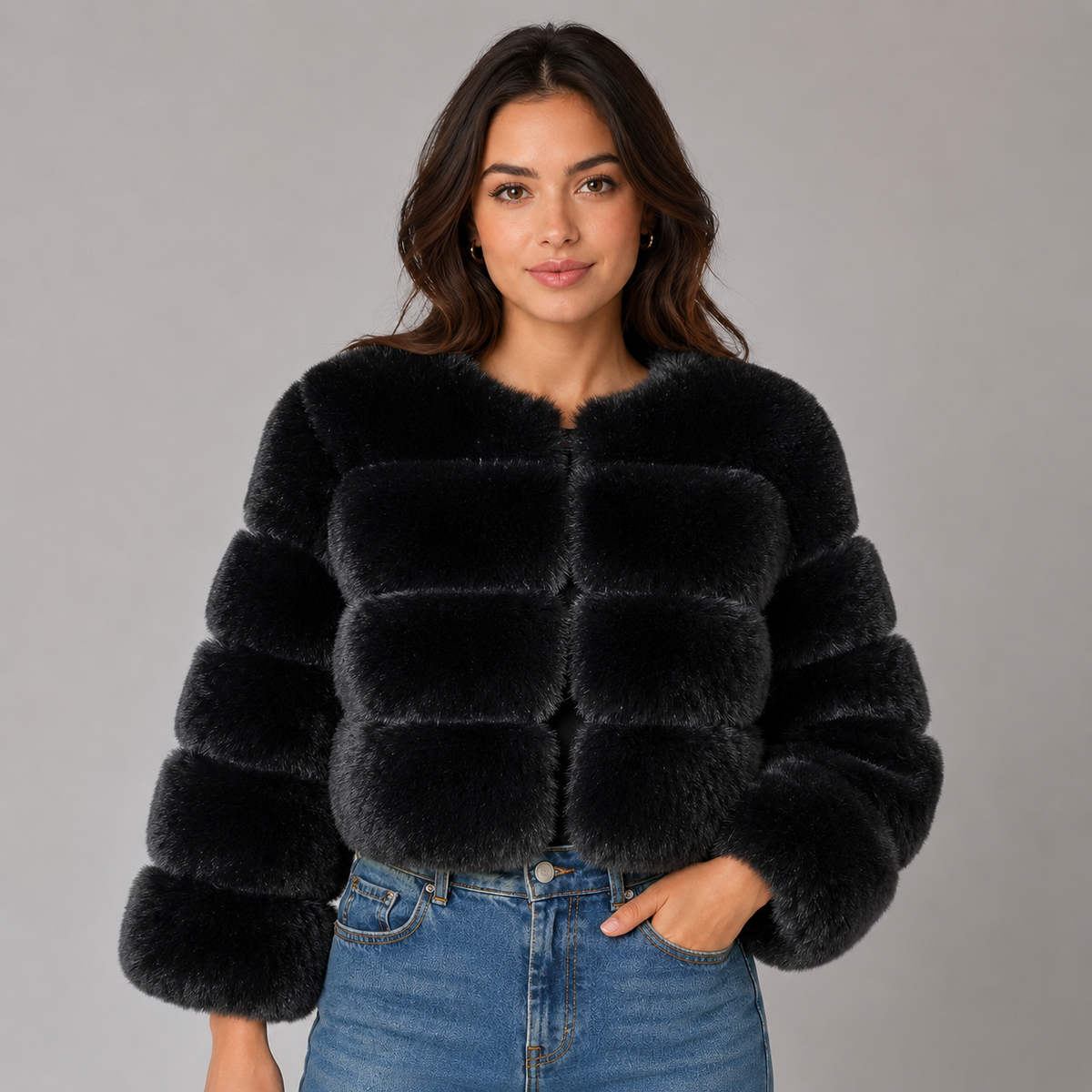 Optew Women's Faux-Fur Jacket Cropped Fluffy