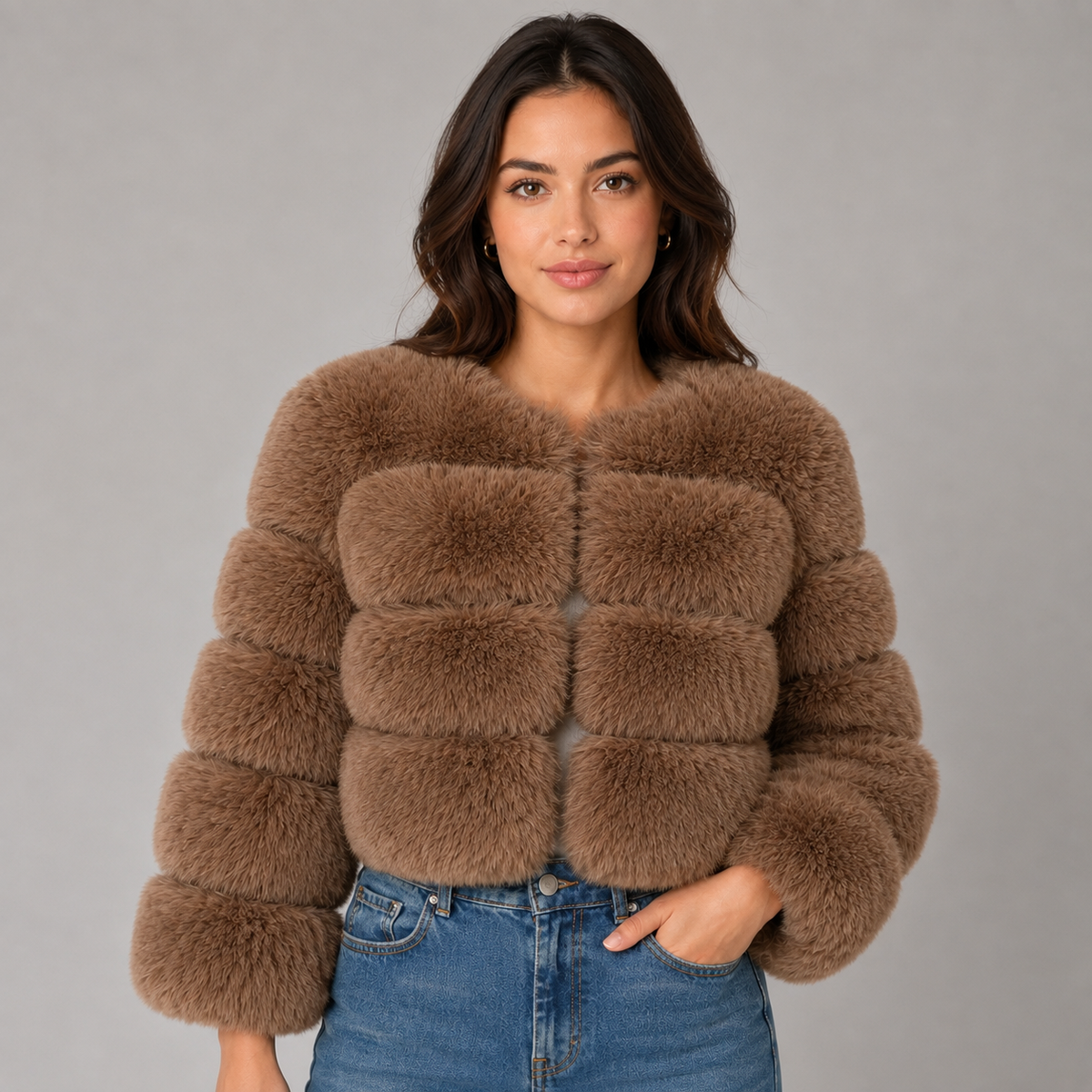 Optew Women's Faux-Fur Jacket Cropped Fluffy