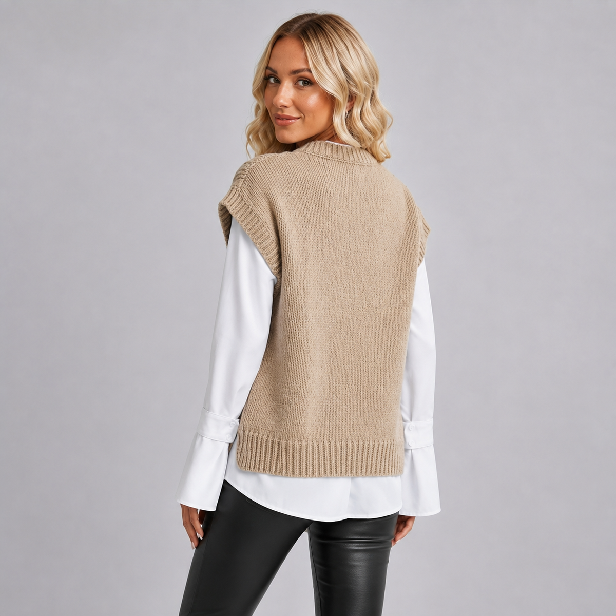Optew Women's Sweater Vest – Cable Knit Round-Neck