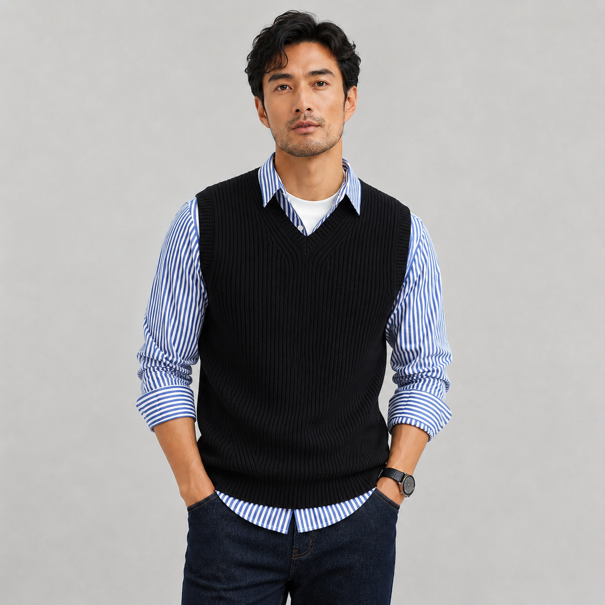 Optew Men's Sweater Vest – V-Neck Ribbed Knit