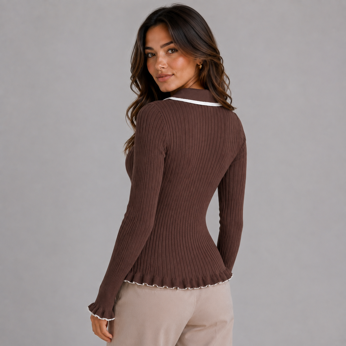 Optew Women's Polo Jumper – Ribbed Knit Contrast Collar