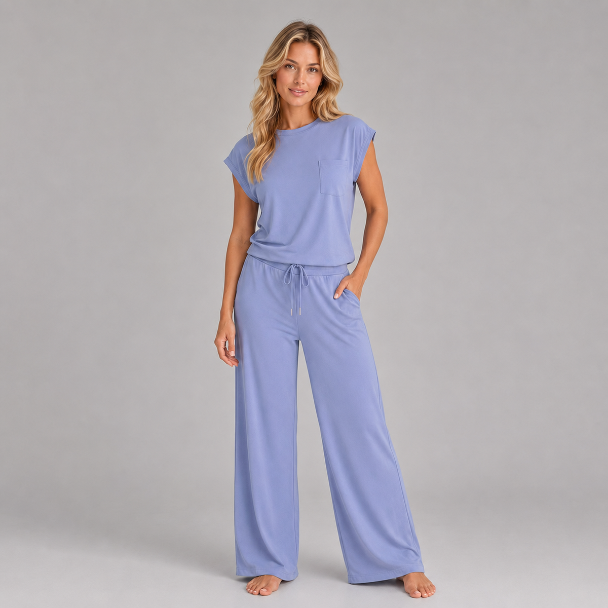 Optew Women's Lounge Set – Cap-Sleeve Wide-Leg Trousers