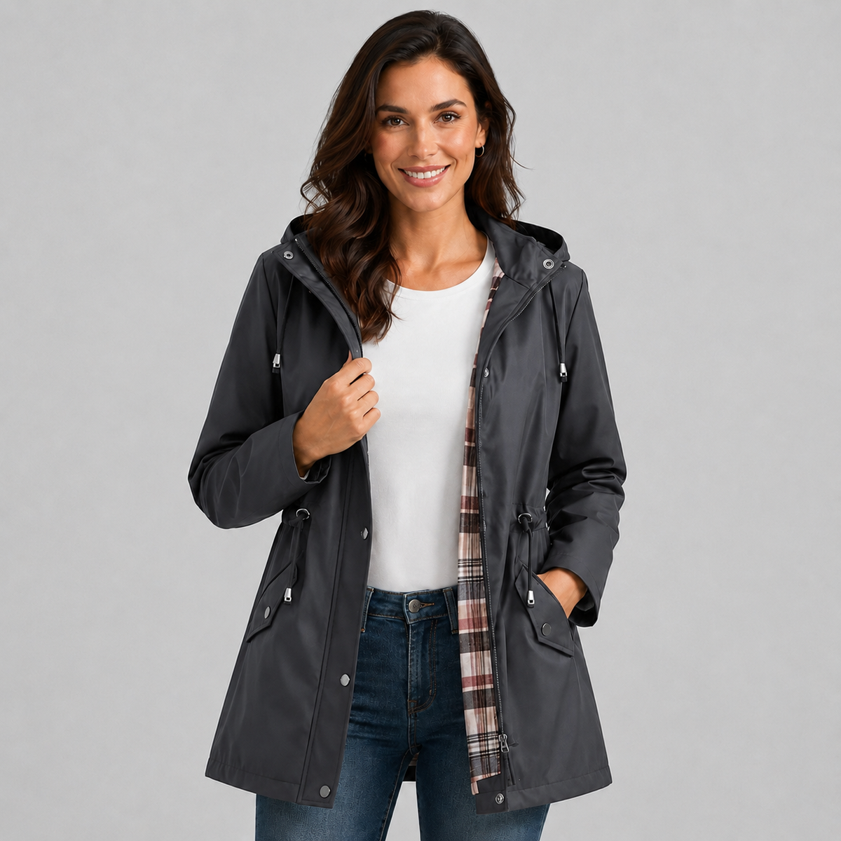 Optew Women's Raincoat – Hooded Check Lined