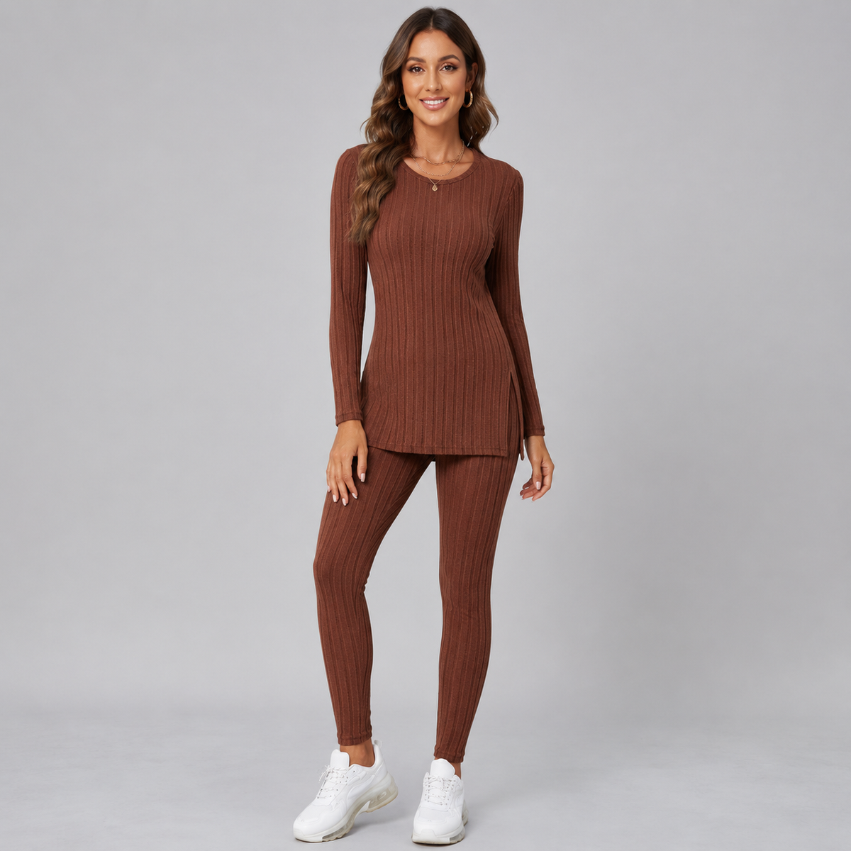 Optew Women's Lounge Set – Knitted V-Neck Wide-Leg