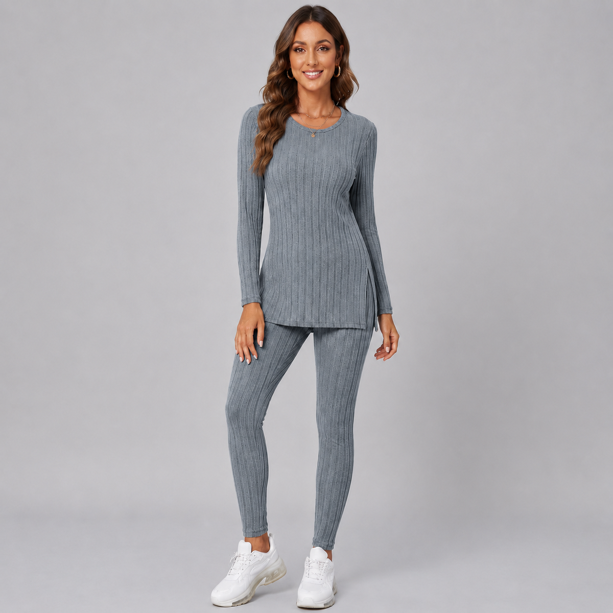 Optew Women's Lounge Set – Knitted V-Neck Wide-Leg