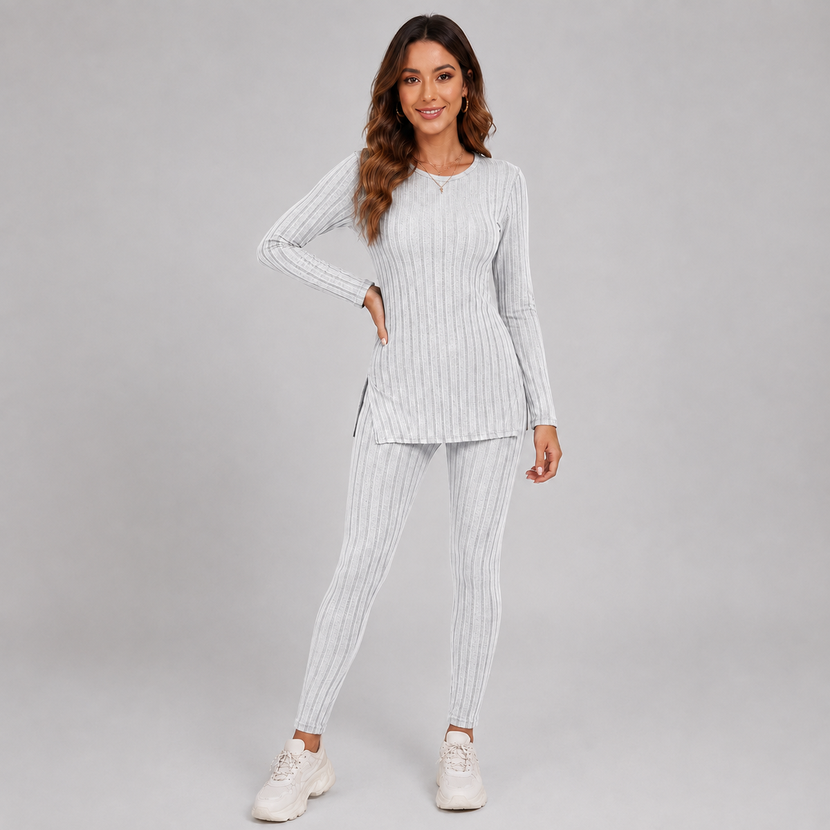 Optew Women's Lounge Set – Knitted V-Neck Wide-Leg