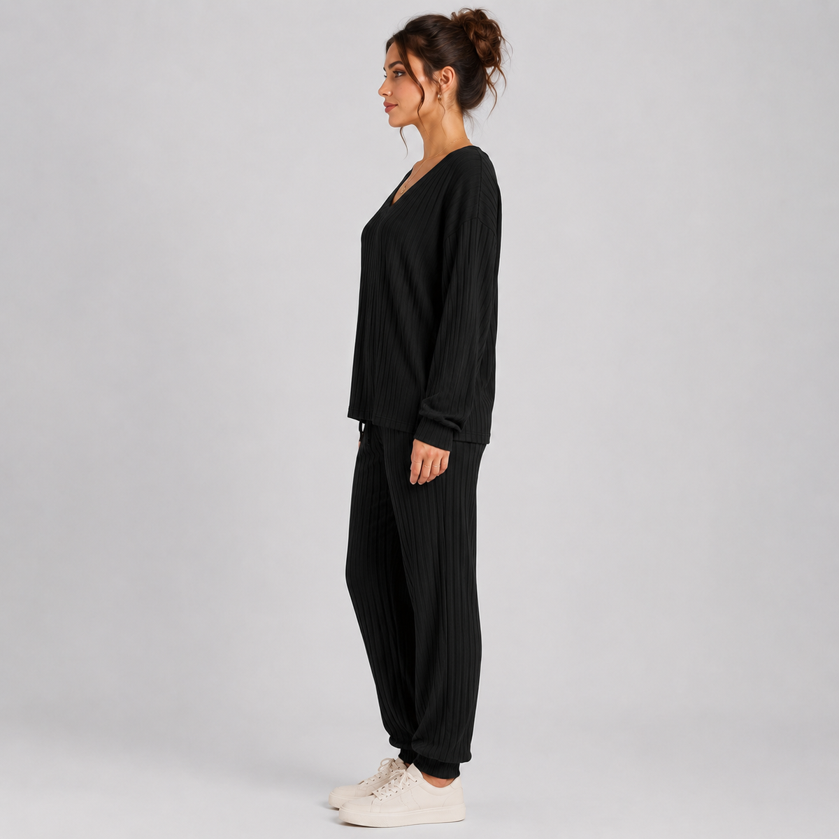 Optew Women's Lounge Set – Ribbed V-Neck Tapered