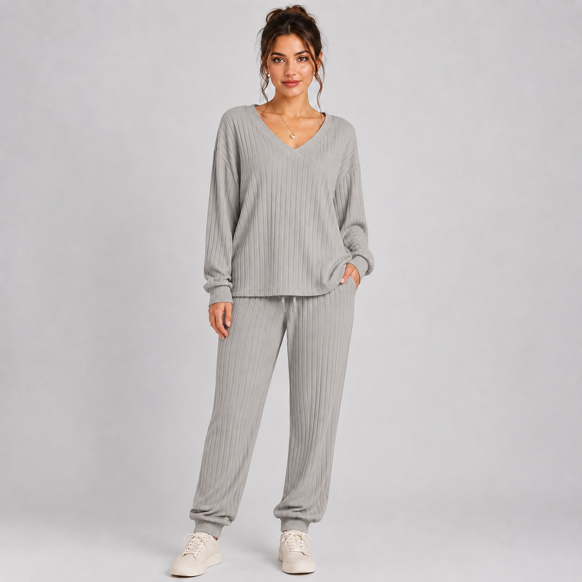 Optew Women's Lounge Set – Ribbed V-Neck Tapered
