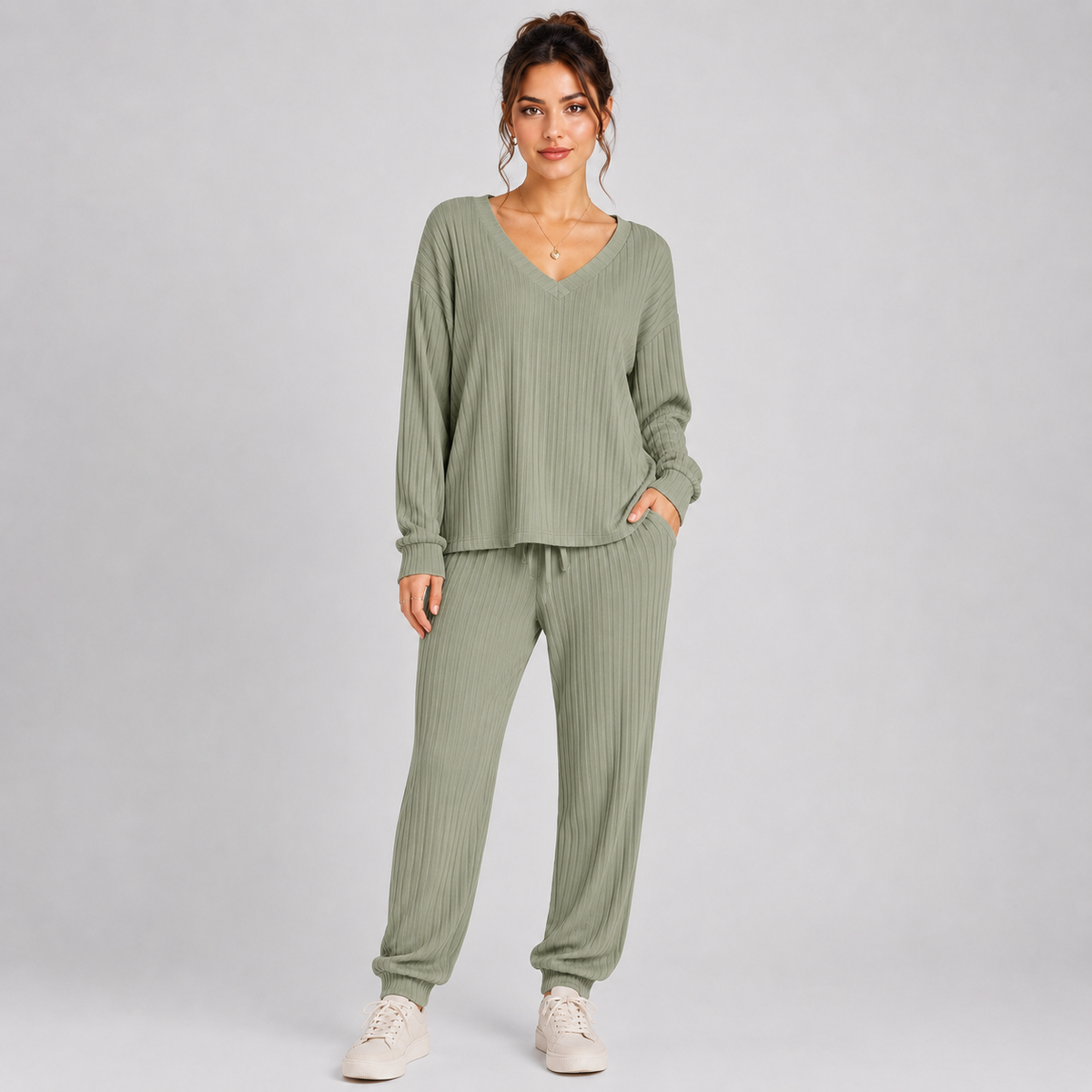 Optew Women's Lounge Set – Ribbed V-Neck Tapered