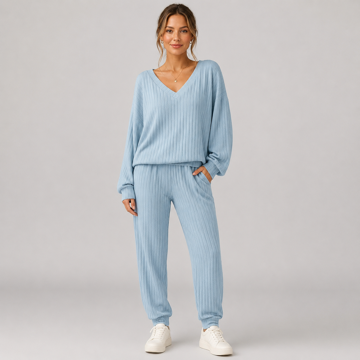 Optew Women's Lounge Set – Ribbed V-Neck Tapered