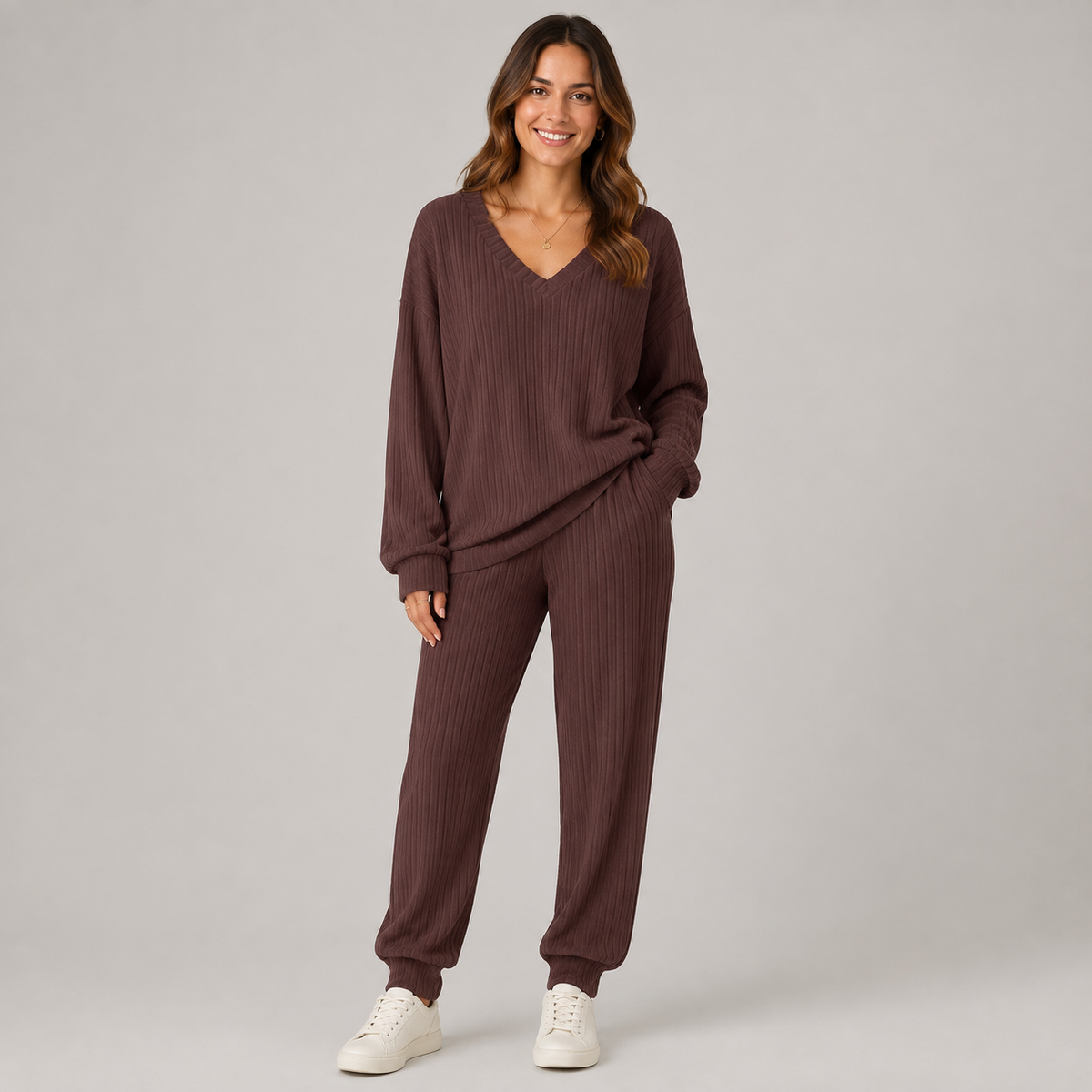 Optew Women's Lounge Set – Ribbed V-Neck Tapered